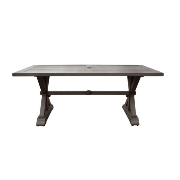 Modern Outdoor Dining Table With Slatted Aluminum Top And X Shaped Legs, Umbrella Hole - Dark Gray