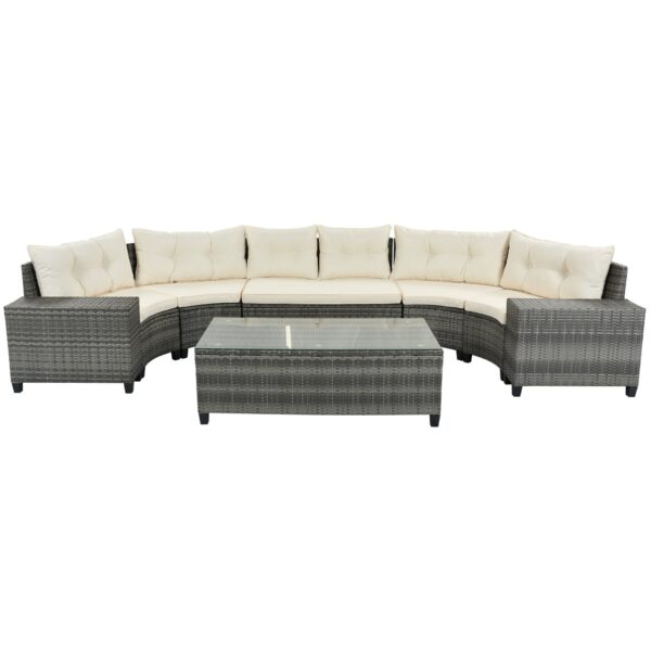 8 Pieces Outdoor Wicker Round Sofa Set, Half-Moon Sectional Sets All Weather, Curved Sofa Set With Rectangular Coffee Table, PE Rattan Water-Resistant And UV Protected, Movable Cushion - Beige