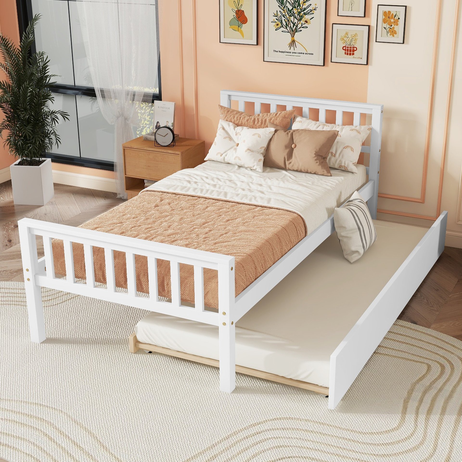 Twin Bed With Trundle, Platform Bed Frame With Headboard And Footboard, For Bedroom Small Living Space, No Box Spring Needed - White - Image 2