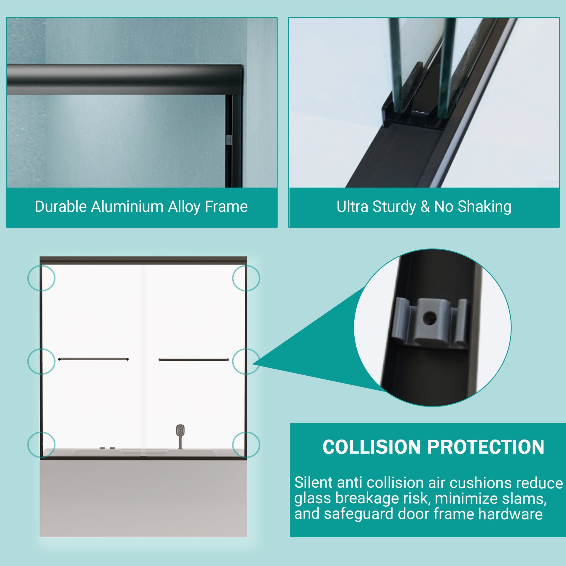 Double Sliding Bathtub Shower Door, Semi Frameless Bypass Tub Door, 1 / 4" (6Mm) Tempered Glass With Explosion - Proof Film, Adjustable Aluminum Alloy Frame - Matte Black - Image 7
