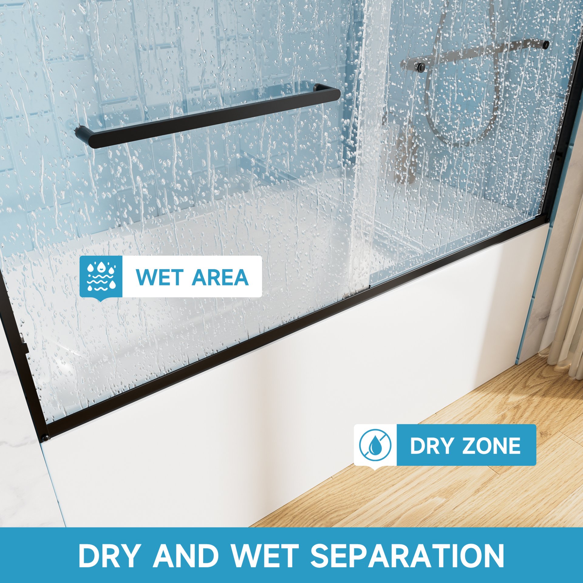 Aluminum Frame Double Sliding Soft Close Bathtub Shower Door, 1 / 4" Tempered Glass And Dual 304 Stainless Steel Handles - Matte Black - Image 9