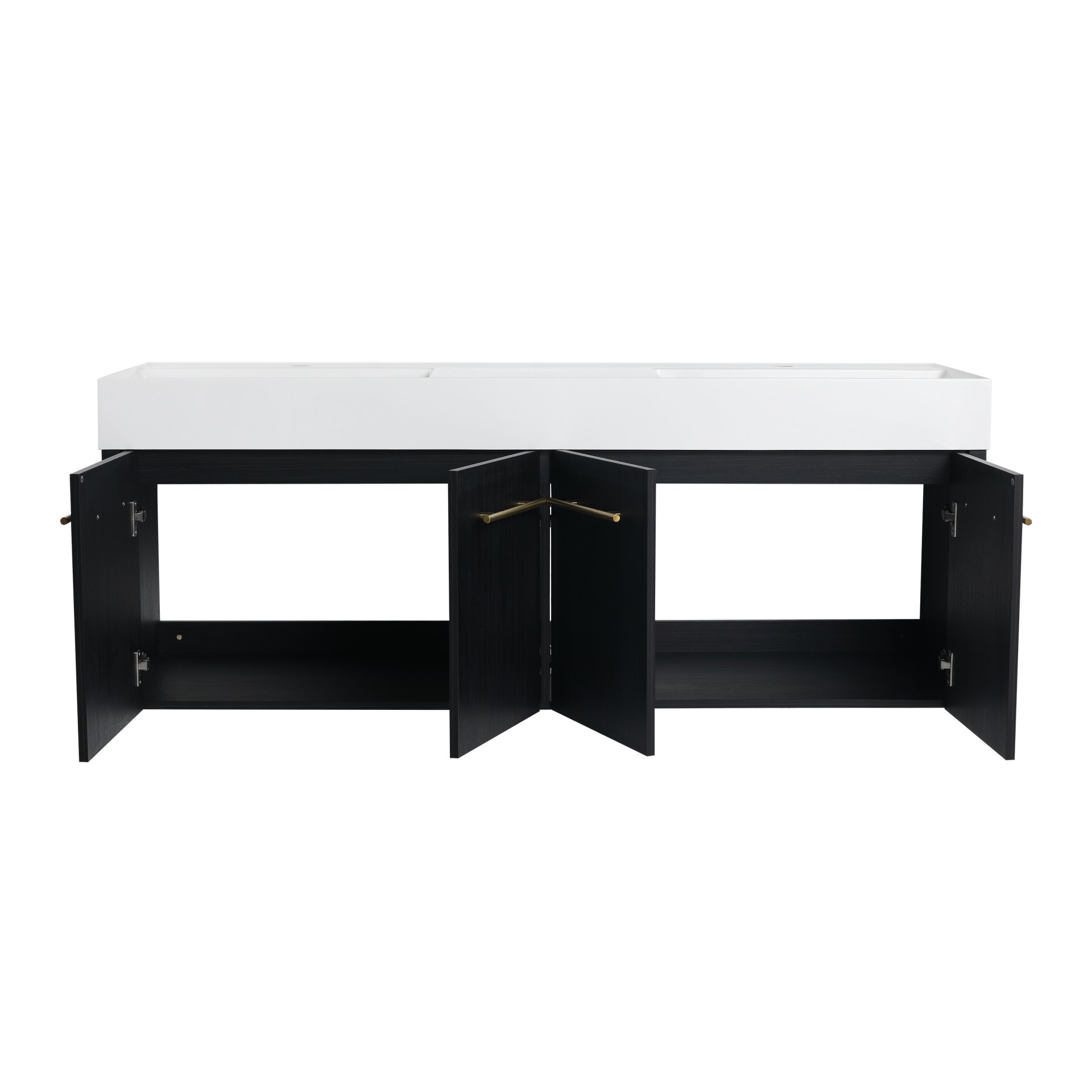Modern Wall Mounted Bathroom Vanity With Double Resin Sink And Storage Rack - Black Chestnut - Image 17