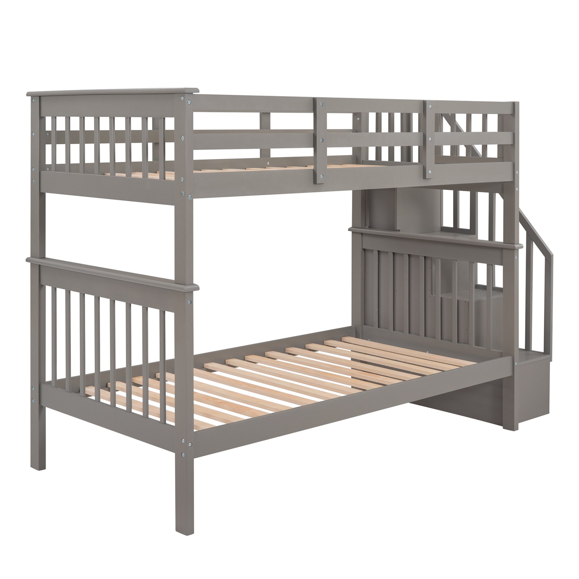 Stairway Twin Over Twin Bunk Bed With Storage And Guard Rail For Bedroom - Gray - Image 6