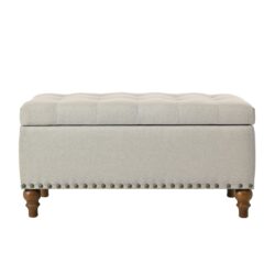 Elegant Ottoman Storage Bench With Recessed Hinge And Rivet Trim Linen - Beige
