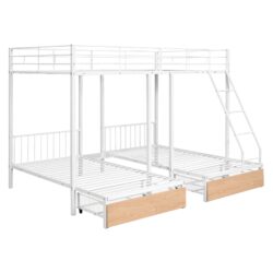 Full Over Twin & Twin Bunk Bed, Triple Bunk Bed With Drawers And Guardrails - White