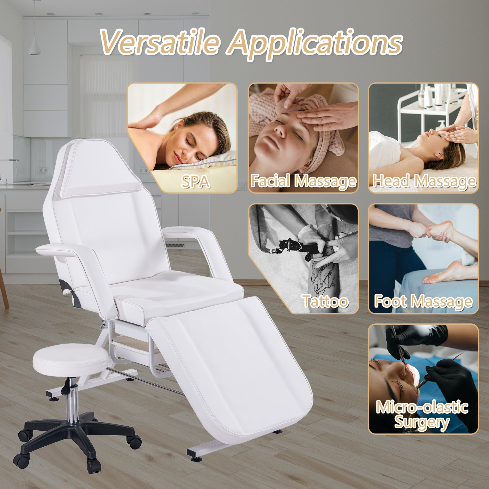 72.8" Massage Salon Tattoo Chair With Two Trays Esthetician Bed With Hydraulic Stool, Multi-Purpose 3-Section Facial Bed Table, Adjustable Beauty Barber Spa Beauty Equipment - White - Image 6