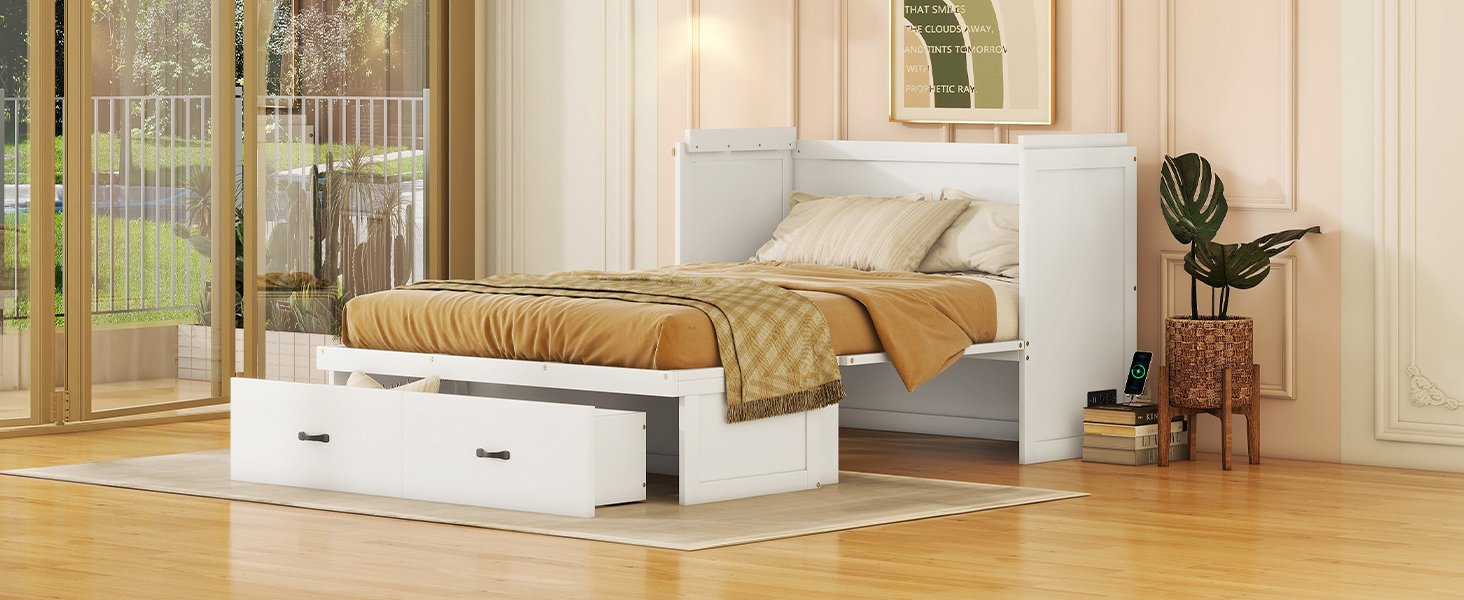 Full Size Murphy Bed With USB Port And A Large Drawer - White - Image 21