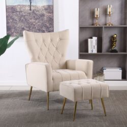 Modern Accent Chair With Ottoman, Comfy Armchair For Living Room, Bedroom, Apartment, Office - Beige