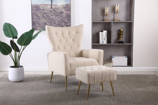 Modern Accent Chair With Ottoman, Comfy Armchair For Living Room, Bedroom, Apartment, Office - Beige