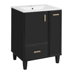 Modern Solid Wood And 24" Bathroom Vanity With Sink, Deep Drawer, Door Shelf, 2 Tier Basket - Black