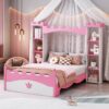 Castle Shaped Bed With Storage Shelf, Dreamy Twin Size Platform Bed For Kids Bedroom - White / Pink - Image 2