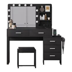 Vanity Desk With Lights, Makeup Vanity Set With Charging Station, Dressing Table With 5 Drawers And Cabinet, Vanity Mirror 3 Lighting Color Adjustable - Black
