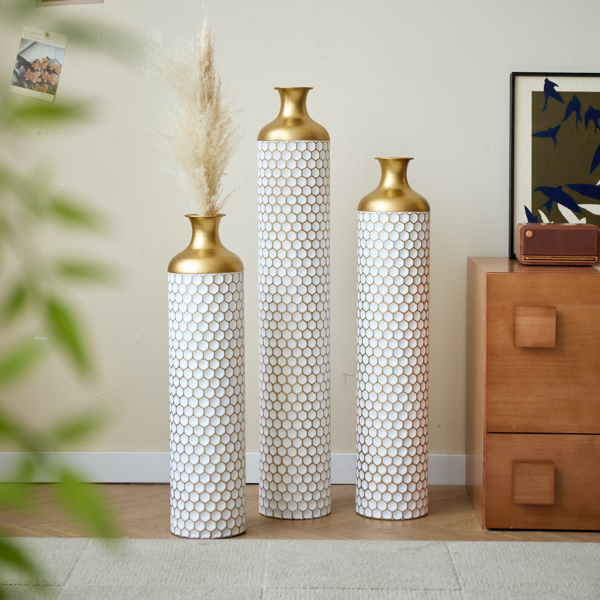 3 Piece Set Gorgeous Home Decoration Large Glazed Floor Vase Decoration Home Droplet Shaped - Gold / White - Image 23