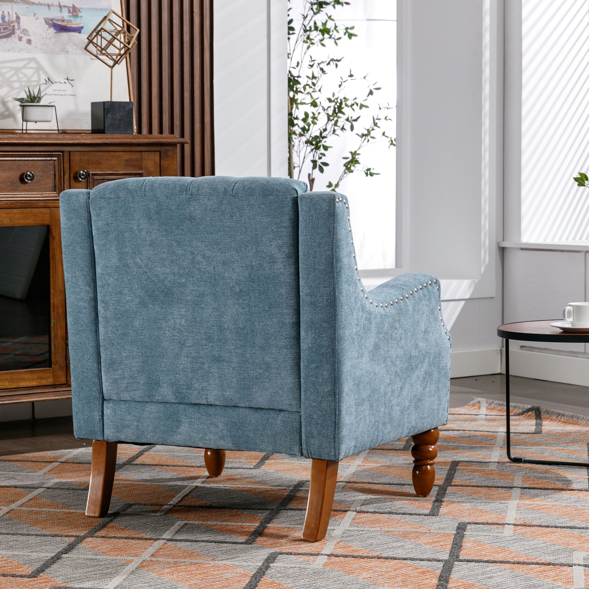Accent Chair, Living Room Chair, Footrest Chair Set With Vintage Brass Studs, Button Tufted Upholstered Armchair For Living Room, Comfy Reading Chair For Bedroom, Reception Room - Blue - Image 10