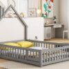 Full House-Shaped Headboard Floor Bed With Fence - Gray - Image 7