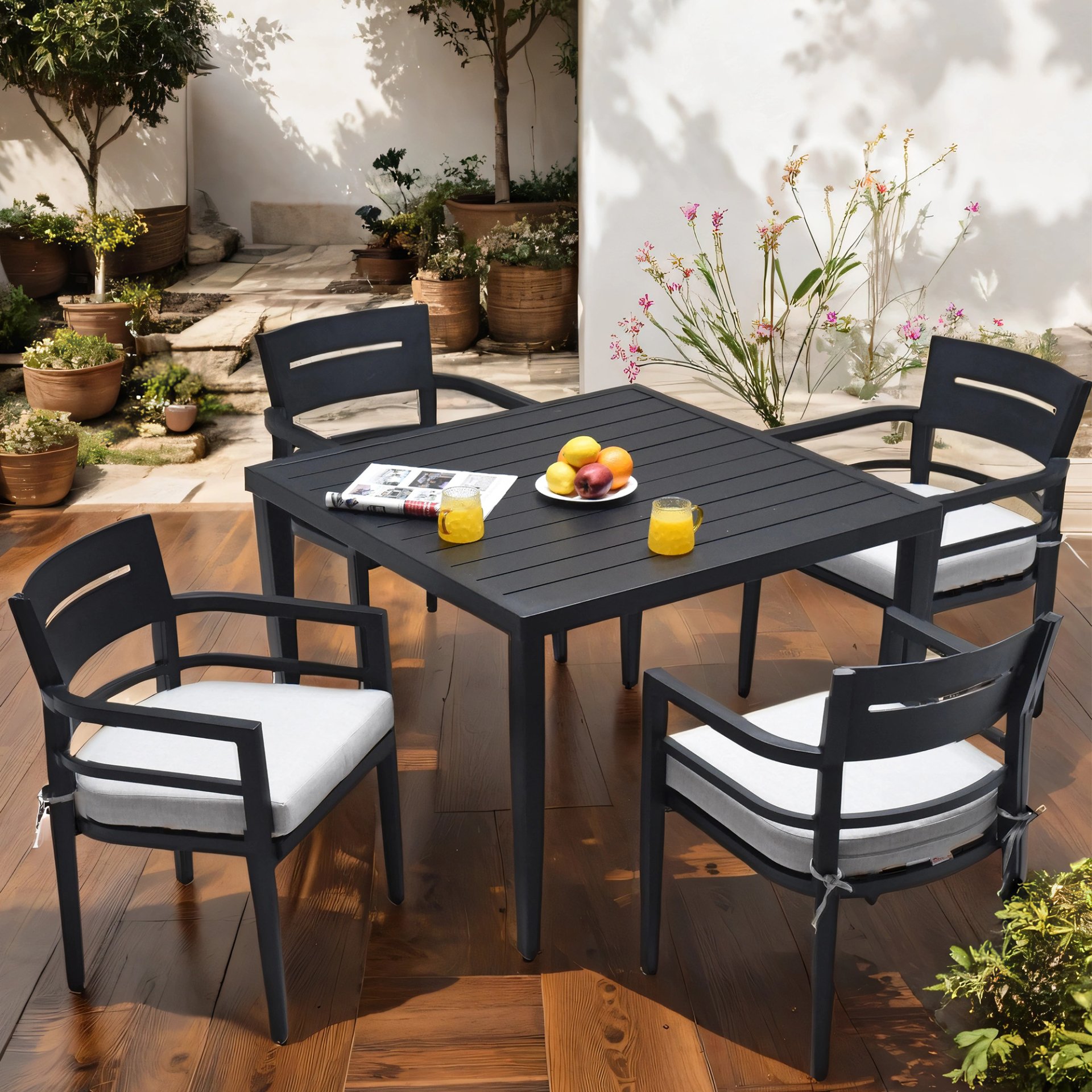 5 Piece Outdoor Patio Modern Dining Set, 4 Dining Chairs Sunbrella Fabric And Square Dining Table With Umbrella Hole - Ember Black - Image 6
