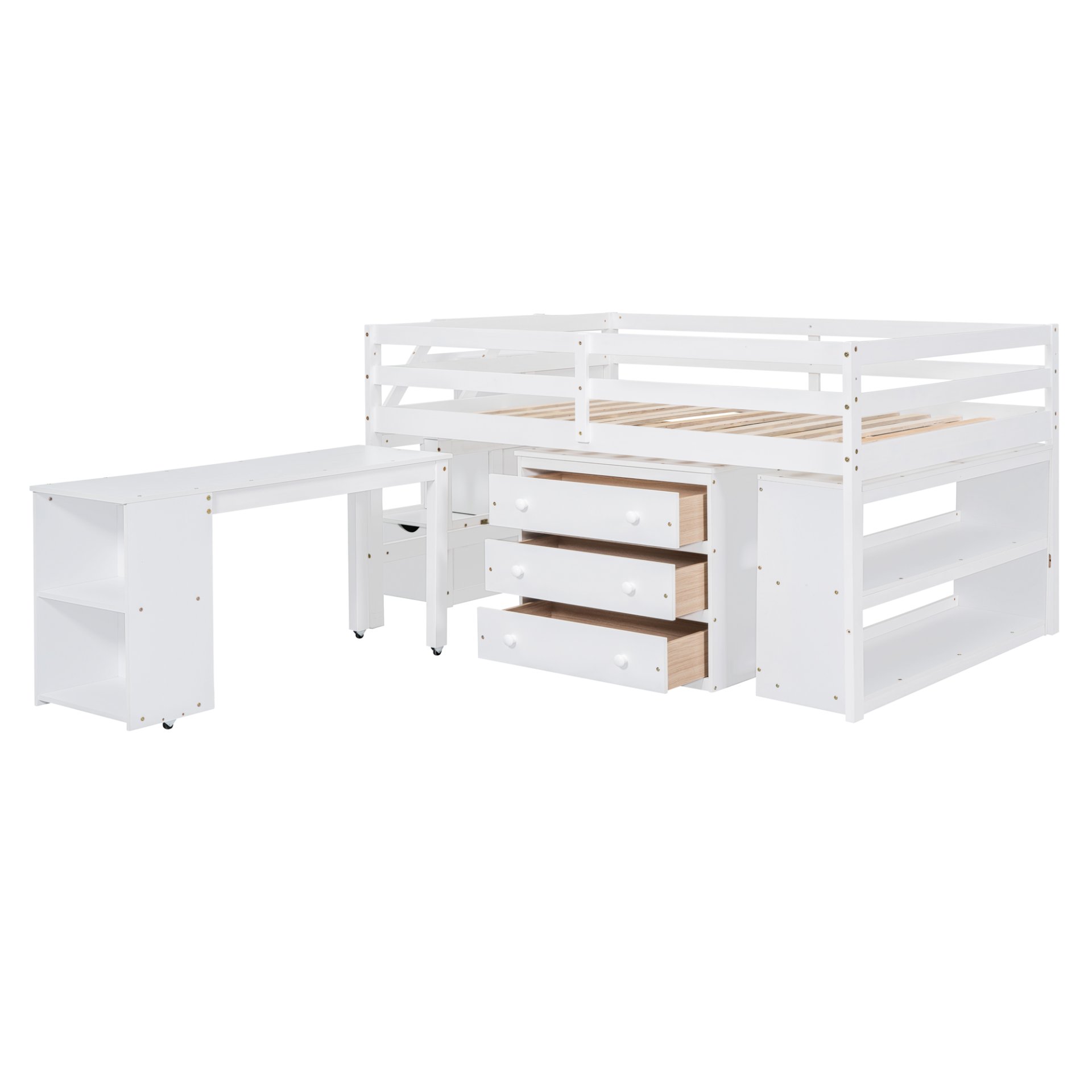 Full Size Loft Bed With Retractable Writing Desk And 3 Drawers With Storage Stairs And Shelves - White - Image 3