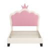 Twin Size Upholstered Princess Bed & Crown Headboard, Twin Size Platform Bed With Headboard And Footboard - White / Pink - Image 4
