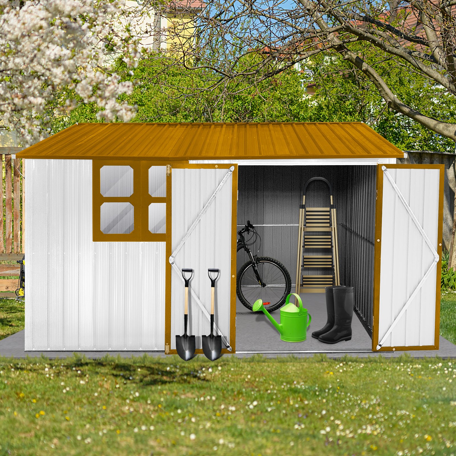 10'x8' Garden Sheds Outdoor Storage Sheds With Window - White / Yellow - Image 4