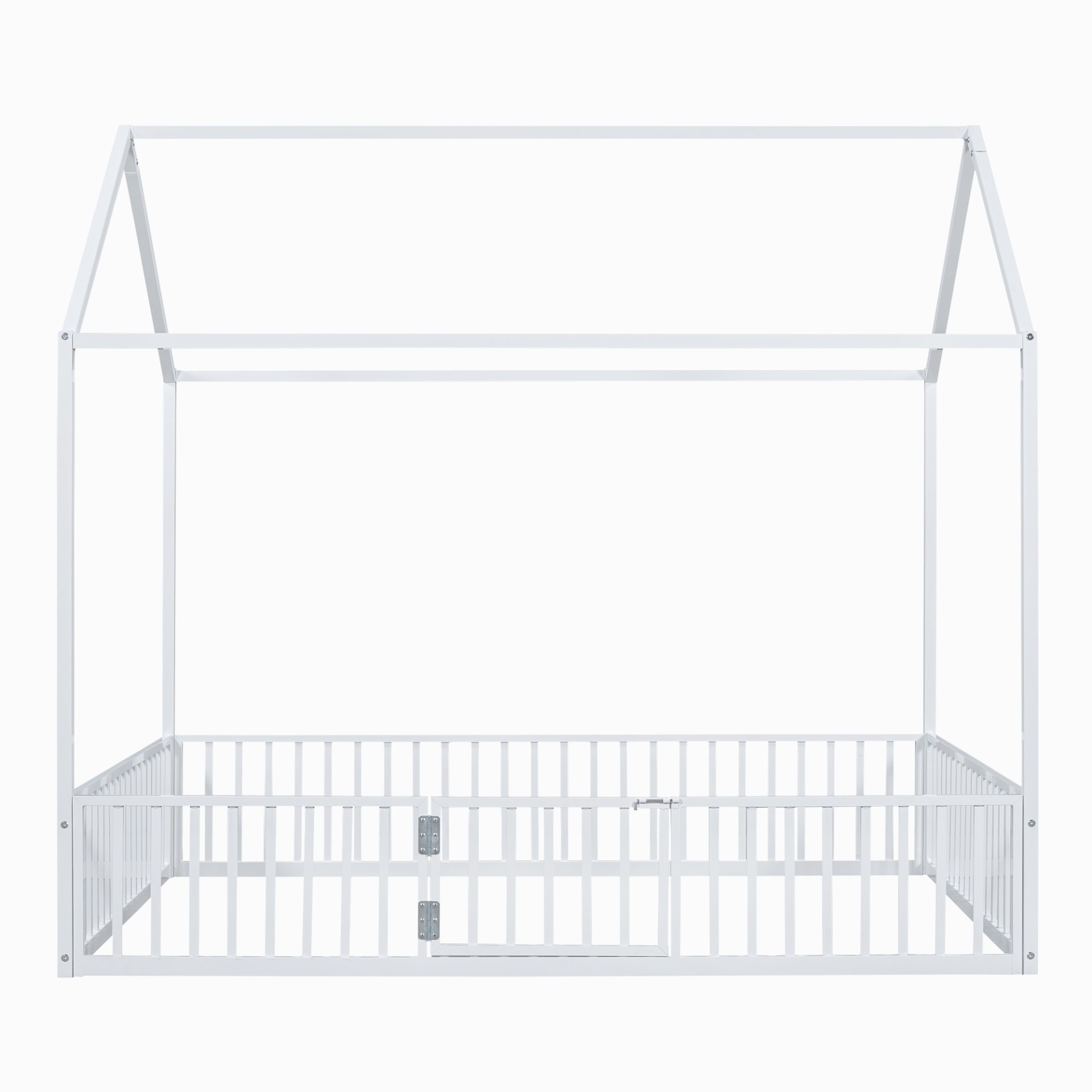 Full Size Metal House Bed With Fence And Door - White - Image 5