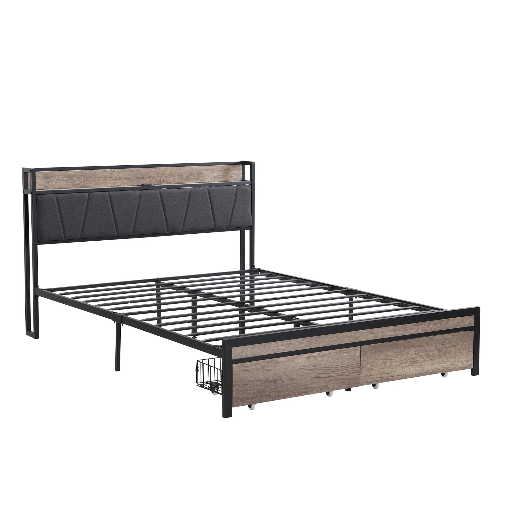 Modern Full Size Metal Platform Bed Frame With Upholstery Storage Headboard USB Liner & Footboard Drawers & - Black / Gray - Image 6