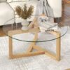 Round Glass Coffee Table Modern Cocktail Table With Tempered Glass Top & Sturdy Wood Base - Natural - Image 5
