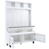 5 In 1 Entryway Bench With Shutter - Shaped Doors, Coat Rack, Cushion And 4 Sturdy Hooks, Wide Hall Tree With Storage Bench For Hallway, Entryway, Living Room - White - Image 14