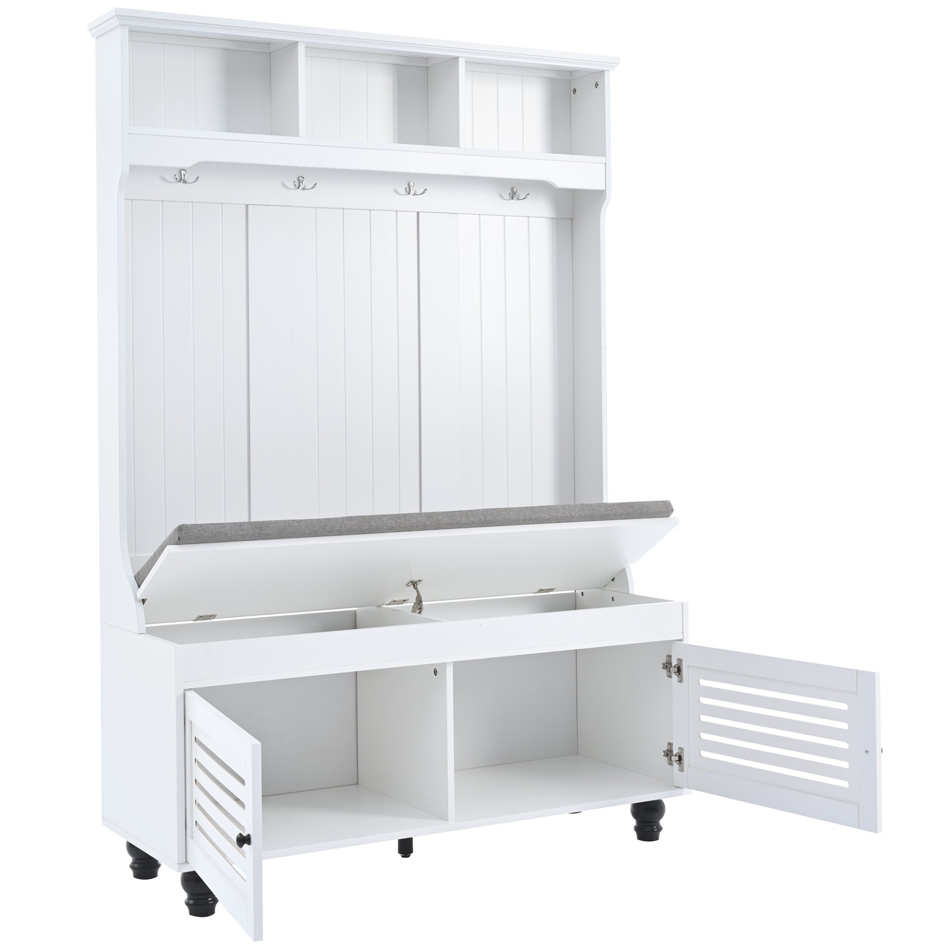5 In 1 Entryway Bench With Shutter - Shaped Doors, Coat Rack, Cushion And 4 Sturdy Hooks, Wide Hall Tree With Storage Bench For Hallway, Entryway, Living Room - White - Image 14