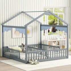 Double Twin House-Style Floor Bed With Fence, Guardrails, Without Door - Gray