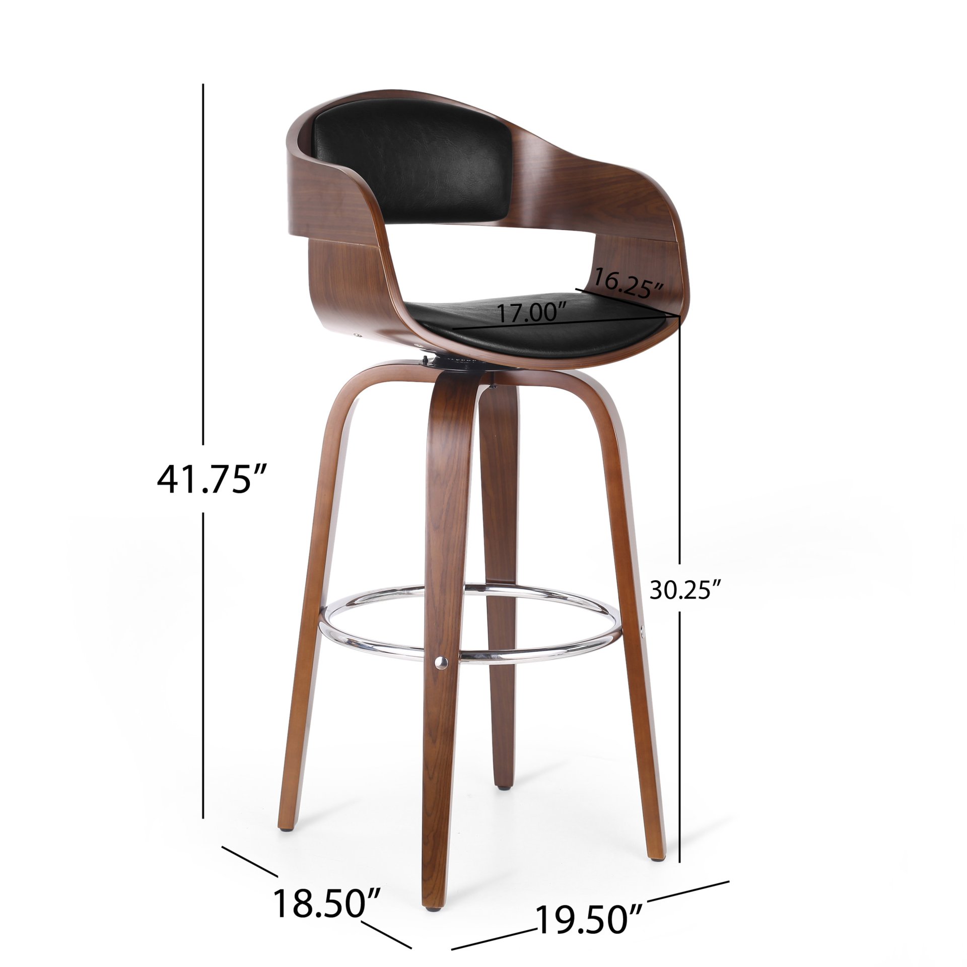 Upholstered Swivel Barstool With Wood Frame / Chrome Footrest - Walnut / Black - Image 3