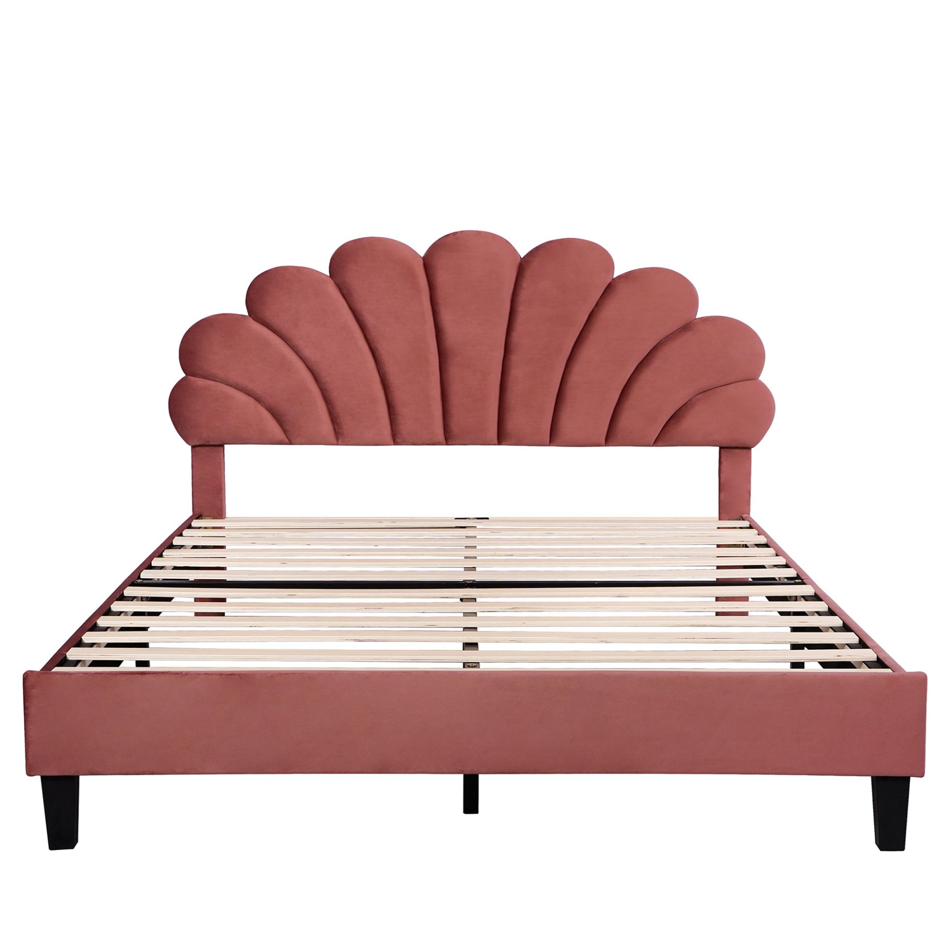 Queen Size Upholstered Platform Bed With Flower Pattern Headboard - Bean Paste Red - Image 4