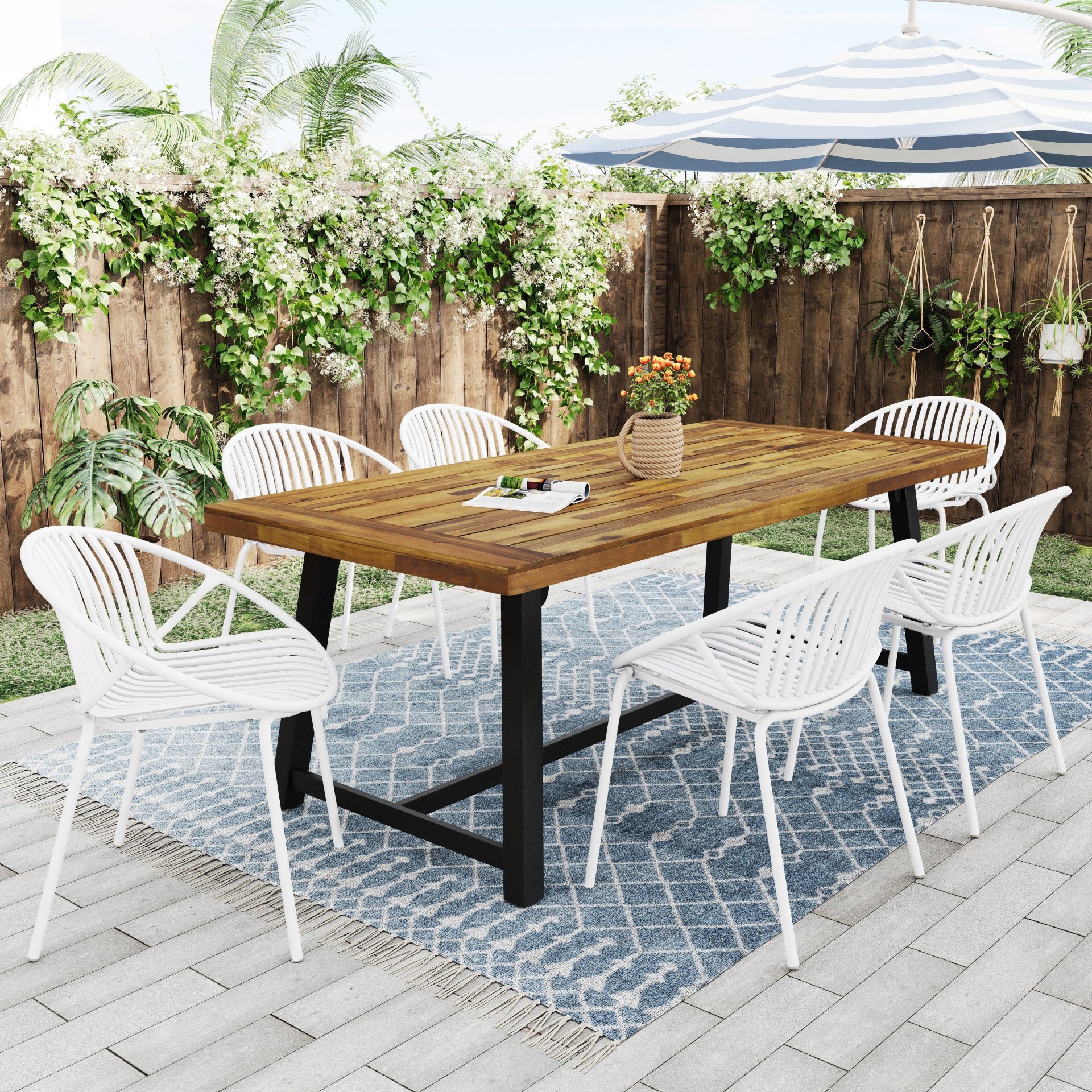 Modern Simple Art Style Patio Dining Chairs Stackable With Breathable Design, Metal Legs And Plastic Backrest (Set of 2) - White - Image 4