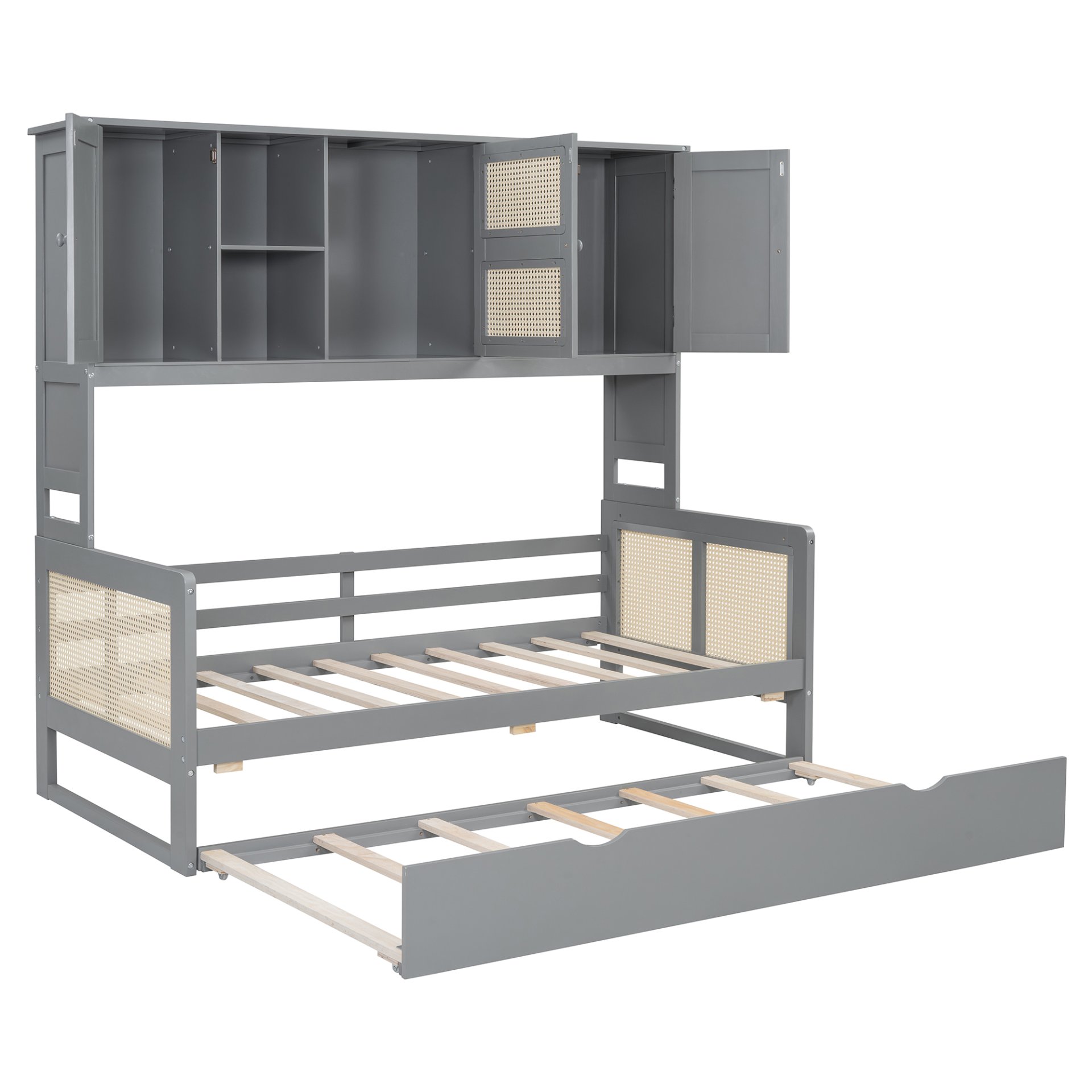 Twin Size Wooden Daybed With Twin Size Trundle, And All In One Cabinet And Shelf - Gray - Image 12