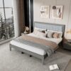 King Size Mid Century Solid Wood Platform Bed With Upholstered Headboard - Gray - Image 5