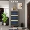 3 Door Metal Shoe Rack, Freestanding Modern Shoe Storage Cabinet With Metal Rattan, Particle Board For Entryway - Blue Gray - Image 2