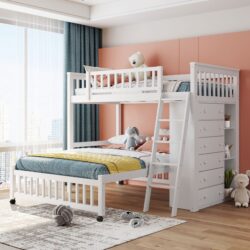 Twin Over Full Bunk Bed With 6 Drawers And Flexible Shelves, Bottom Bed With Wheels - White