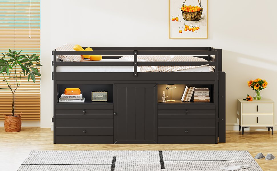 Twin Size Loft Bed With 4 Drawers, Underneath Cabinet And Shelves - Espresso - Image 18