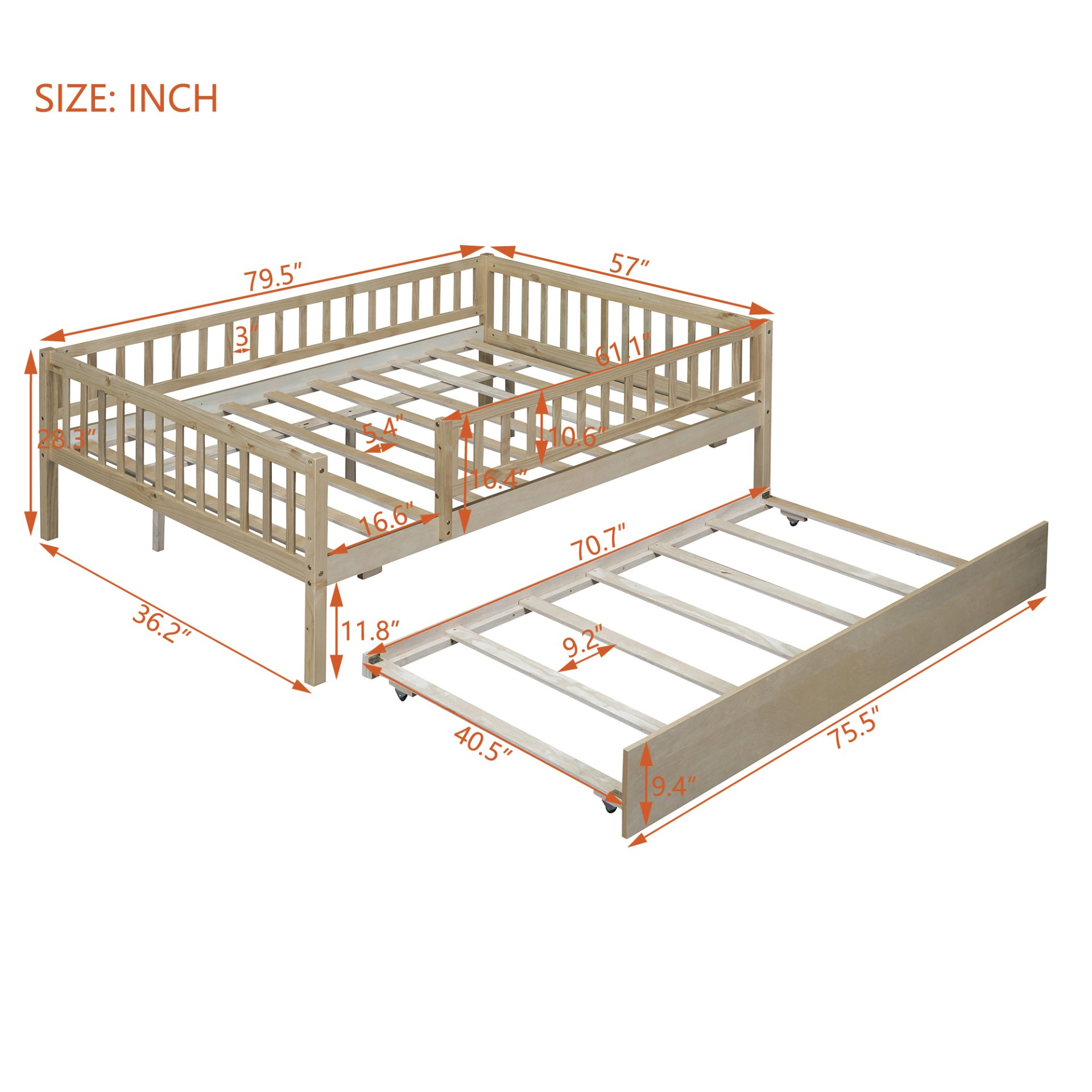 Full Size Daybed With Trundle And Fence Guardrails - Natural - Image 3