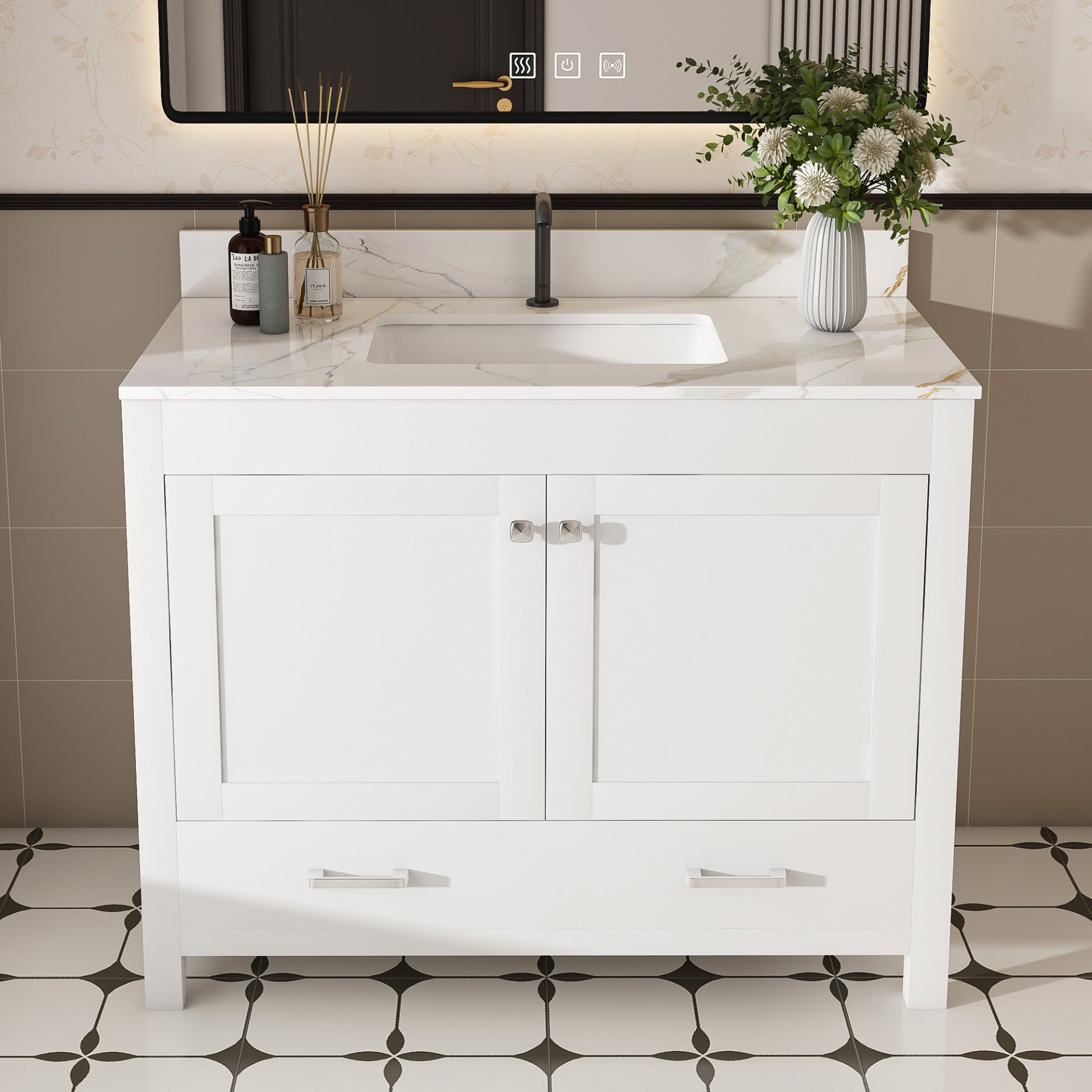 43" Bathroom Vanity, Multi Functional Cabinet, Doors And Drawer - White - Image 2
