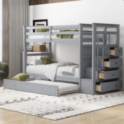 Twin Over Twin Bunk Bed With Trundle And Staircase - Gray