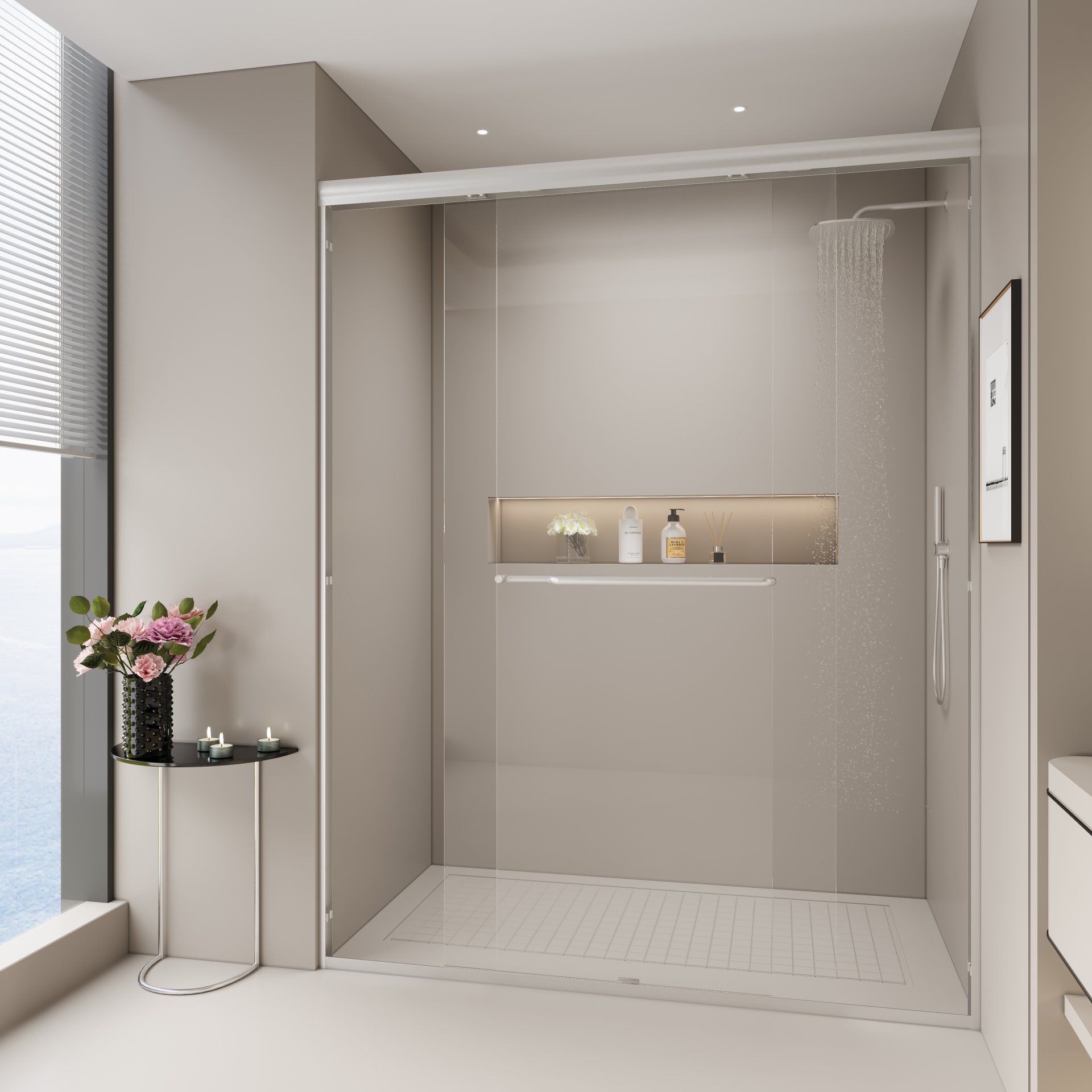 Double Sliding Shower Door, Semi Frameless Bypass Bathroom Sliding Door With 1 / 4" (6Mm) Tempered Glass For Walk In Shower - Brushed Nickel - Image 4