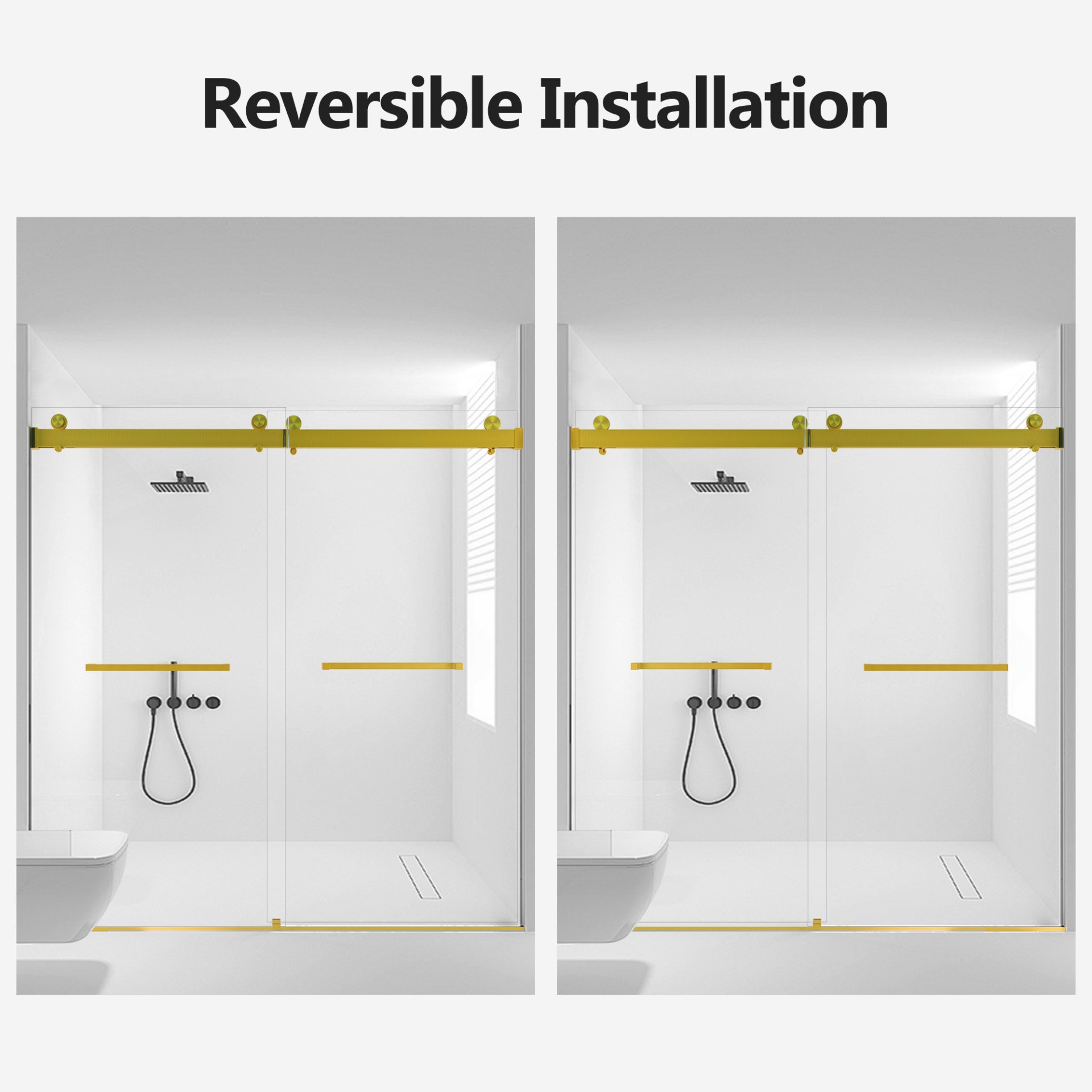 Frameless Double Sliding Soft Close Shower Door - Brushed Gold - Image 9