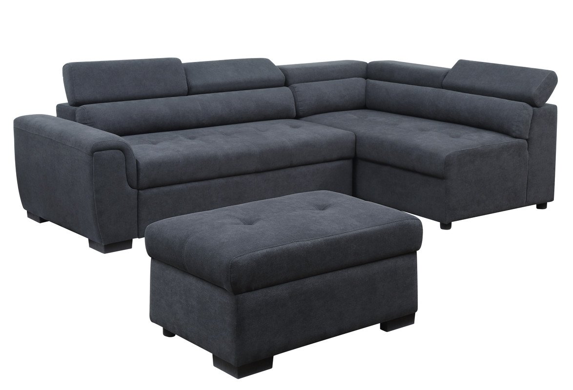 Haris - Fabric Sleeper Sofa Sectional With Adjustable Headrest And Storage Ottoman - Dark Gray - Image 3