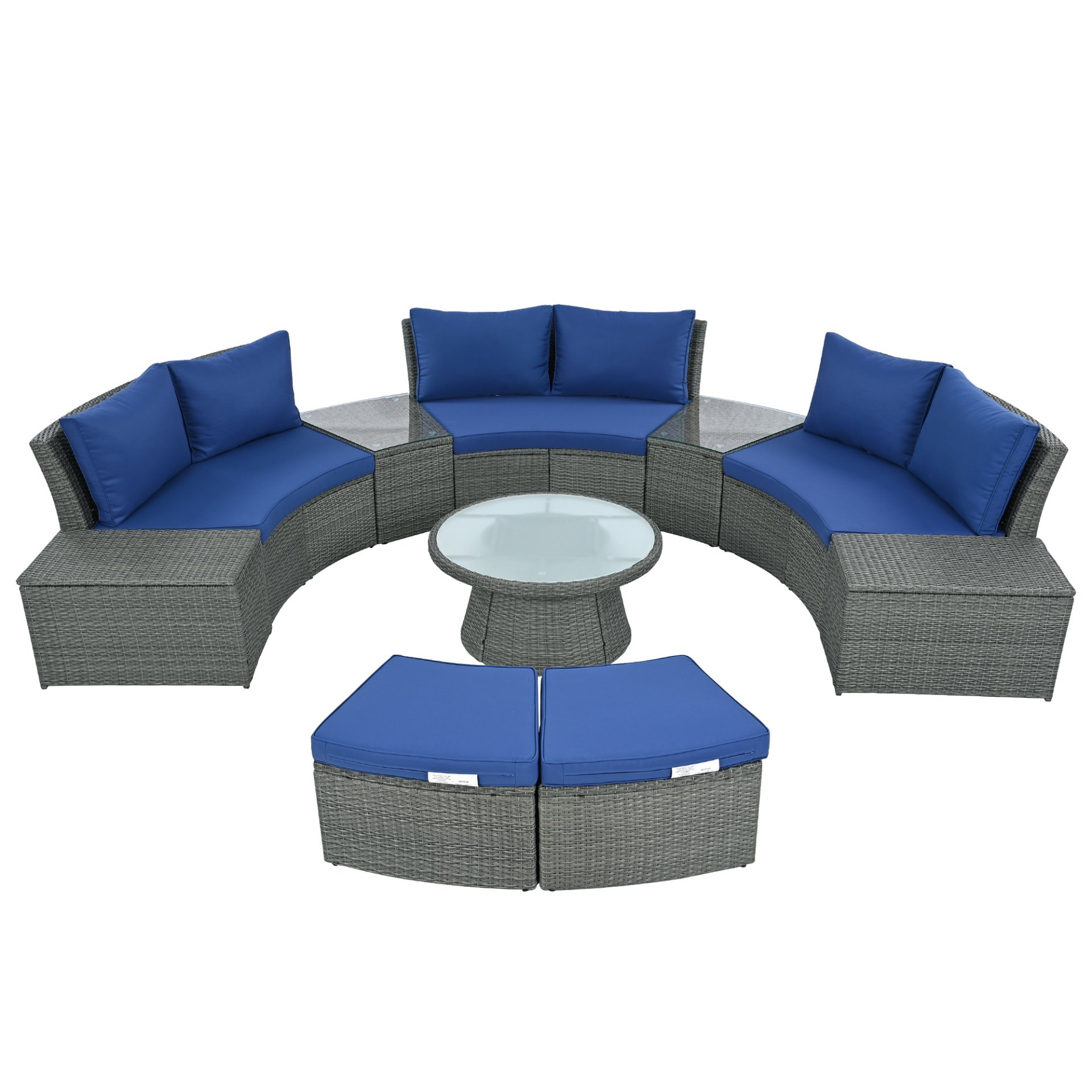 10 Piece Outdoor Sectional Half Round Patio Rattan Sofa Set, Wicker Conversation Furniture Set For Free Combination - Blue - Image 12