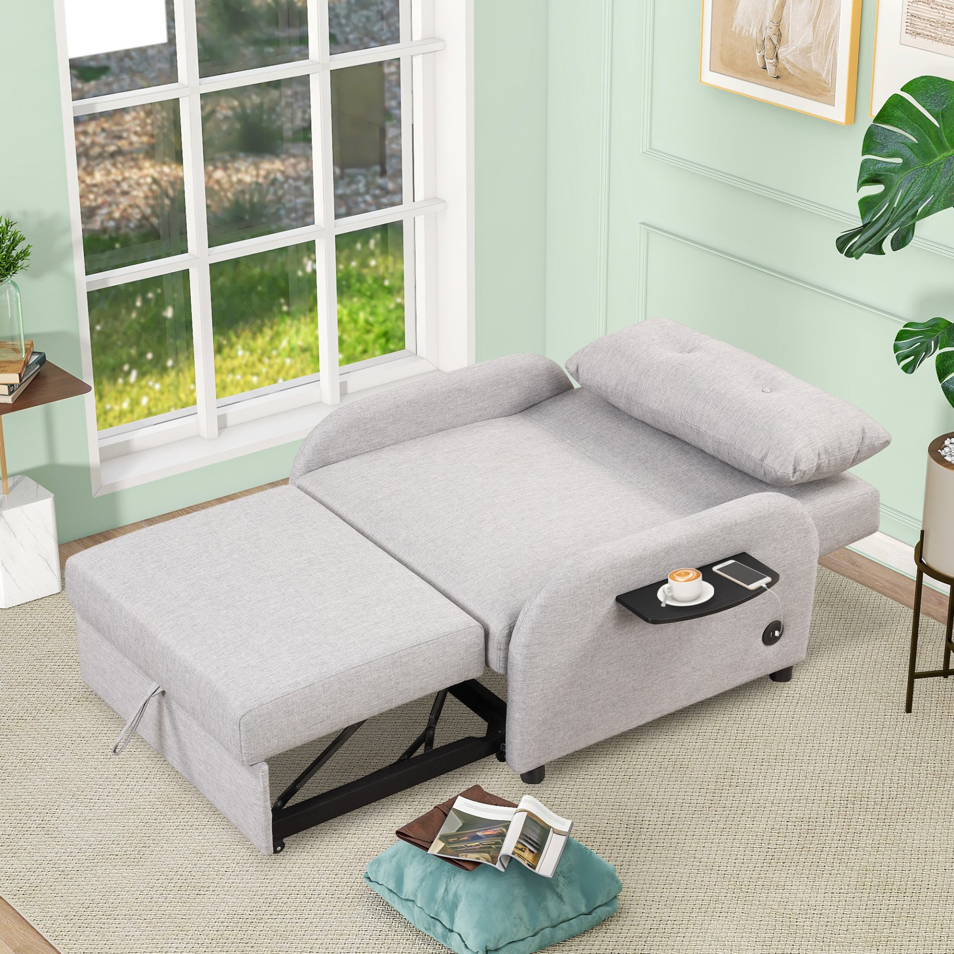 3 In 1 Pull Out Sofa Sleeper With Wing Table And USB Charge - Gray - Image 9