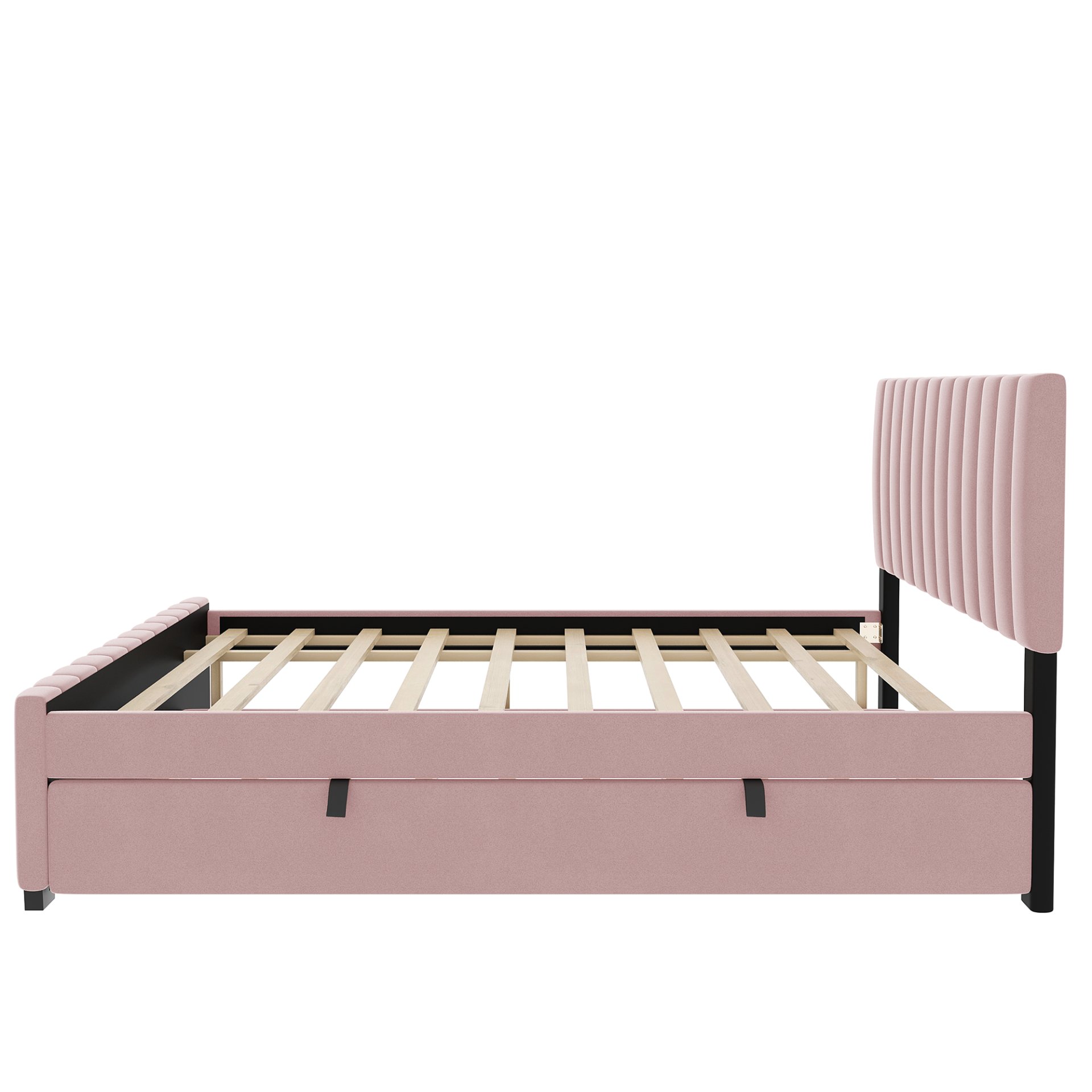 Full Size, Elegant Upholstered Platform Bed With Twin Size Trundle - Pink - Image 7