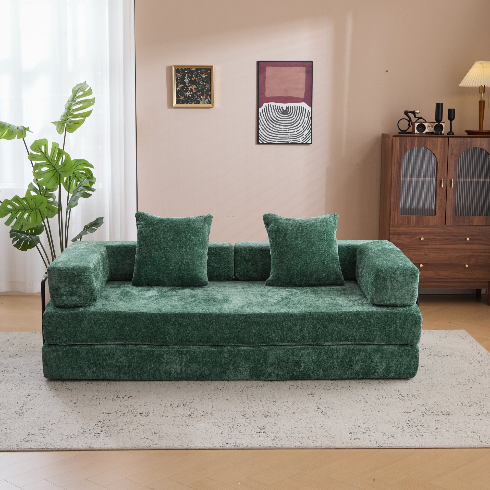 Floor Couch, Compression Sofa, Convertible Floor Sofa Bed & Pillow Back Support Armrest - Dark Green - Image 8