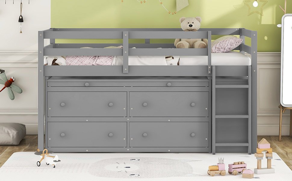 Twin Size Loft Bed With Retractable Writing Desk And 4 Drawers, With Lateral Portable Desk And Shelves - Gray - Image 25