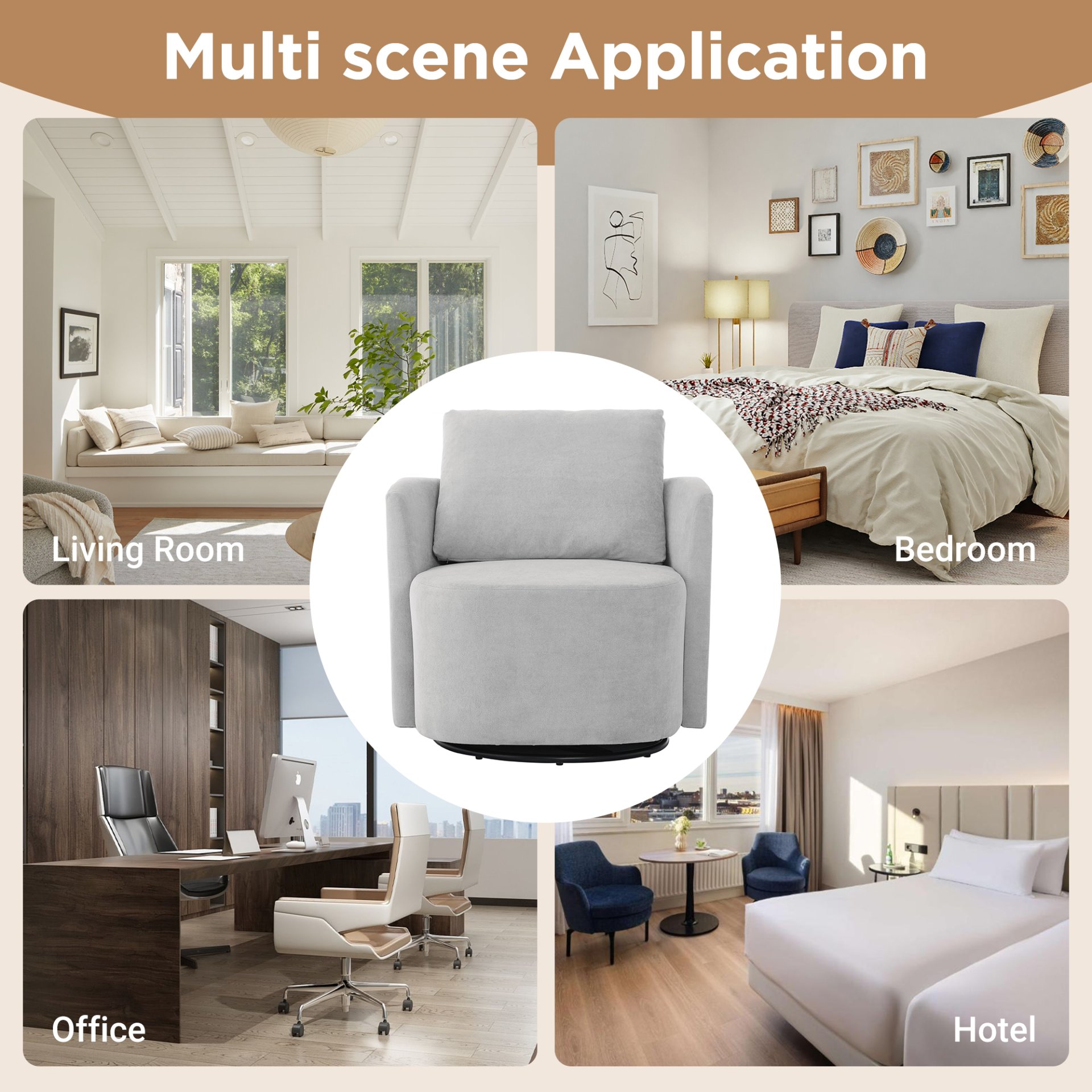 Modern 360° Swivel Accent Barrel Armchair Chenille, Upholstered With Curved Design For Living Room, Bedroom, Office, And Hotel - Gray - Image 8