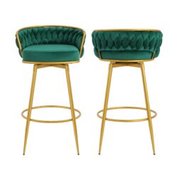 Modern Swivel Counter Height Bar Stools (Set of 2) With Hand Woven Backrest And Metal Legs - Green